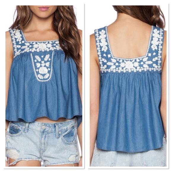 Lovers + Friends Dream Catcher Tank Top Blue Chambray Embroidered Boho Size XS - Picture 2 of 10